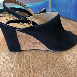 Tahari Black Suede Cork Wedge Slingback Sandals
